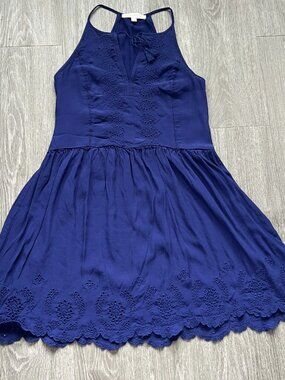 Loft Womens Eyelet Dress Blue Racerback Fit & Flare Spaghetti Strap XS